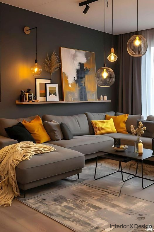 Charcoal Grey and Mustard Yellow living room