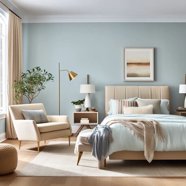 Soft Neutrals with Accents of Blue – A Calm, Inviting Choice for Guest Room Colour Combinations