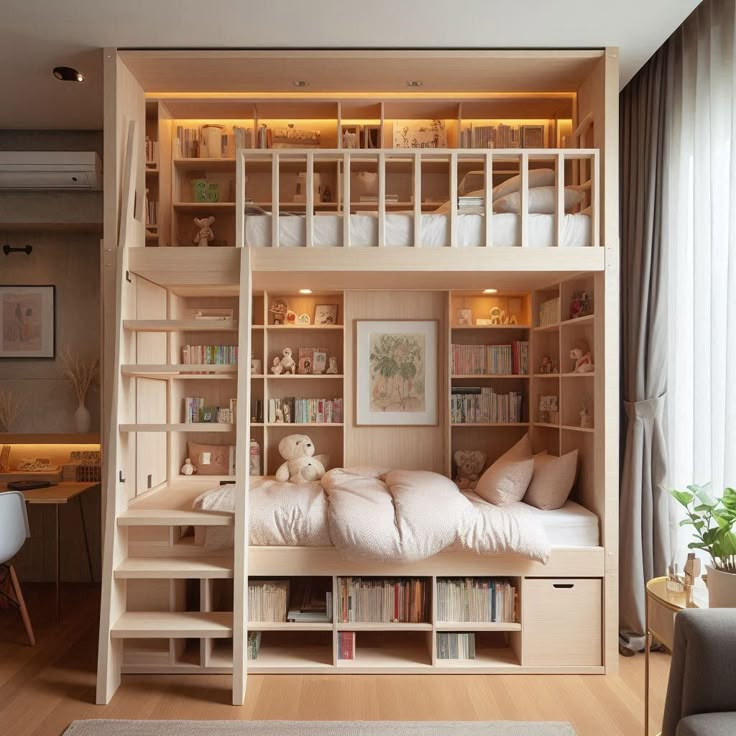  Modern Loft Bed with Built-In Shelves