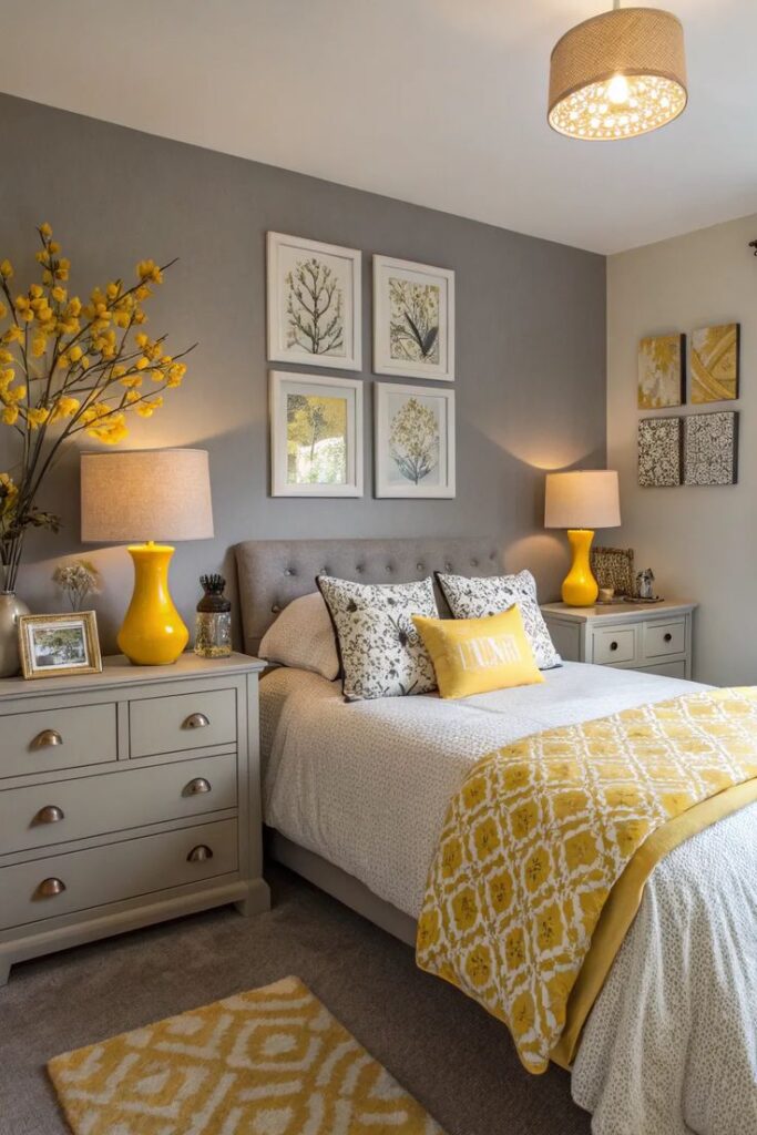 Yellow and Gray: Modern Elegance in Bedroom Color Combination with Yellow Wall