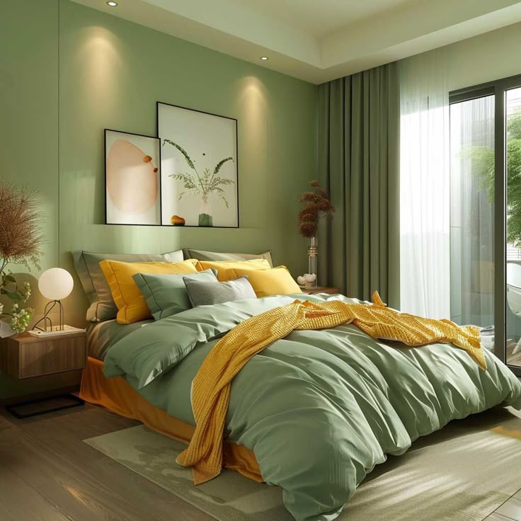 Yellow and Green: Fresh and Vibrant Bedroom Color Combination with Yellow Wall