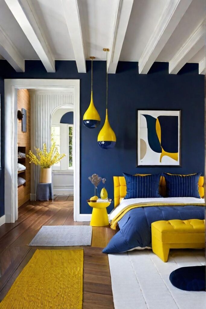 Yellow and Navy Blue: Bold and Dramatic Bedroom Yellow Wall Paint Designs