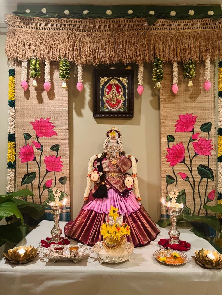 DIY Varamahalakshmi Pooja Stage with Drapes and Garlands