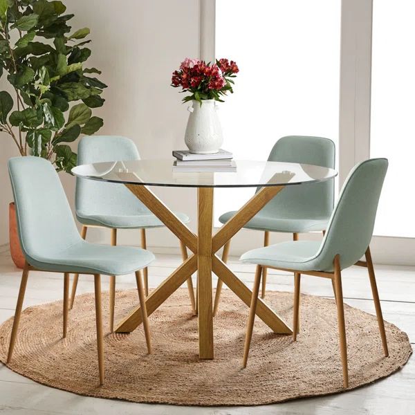 Contemporary Round Wooden Dining Table with Glass Top