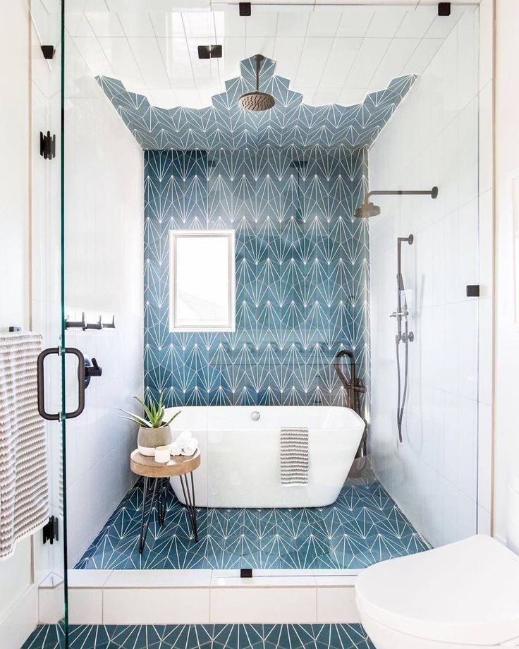 Modern Blue Bathroom Tiles with Geometric Patterns