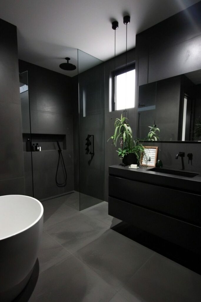 Industrial-Inspired Black Tile Bathroom Design